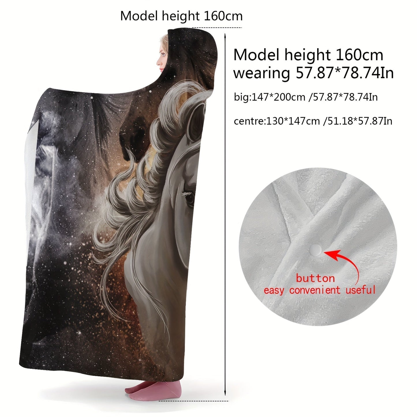 Horse Pattern Wearable Blanket Flannel Hooded Throw