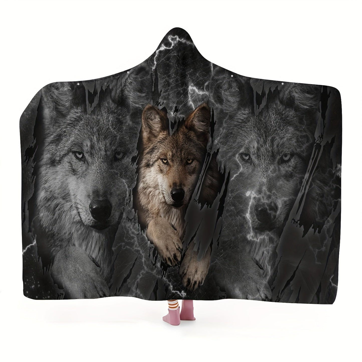 Wolf Pattern Wearable Hat Blanket Flannel