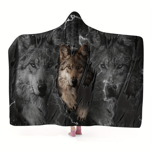 Wolf Pattern Wearable Hat Blanket Flannel