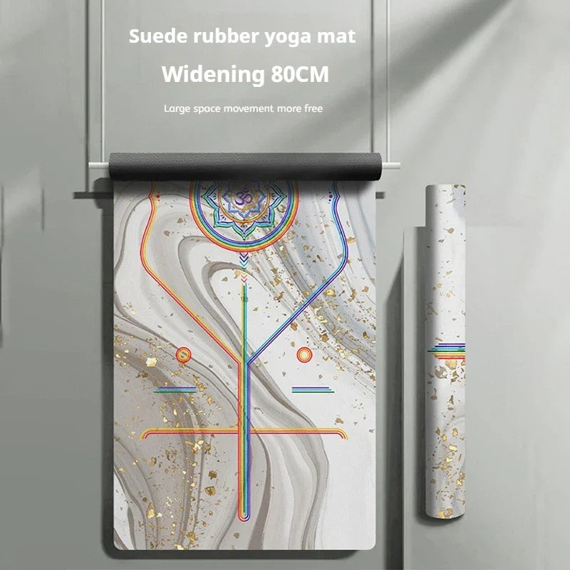Suede rubber yoga mat with colorful design on a gray background